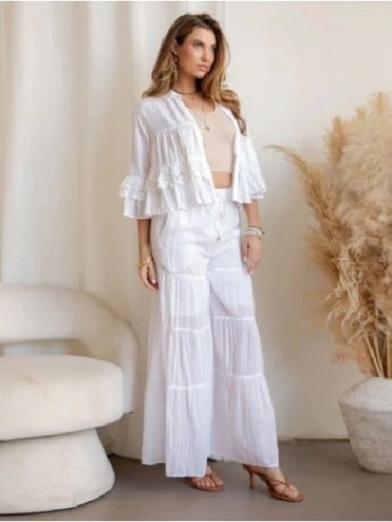 Young Threads Pants - BRAND NEW WITH TAGS White Tiered Crochet Lace Shrug & High-Waist Pant Set
